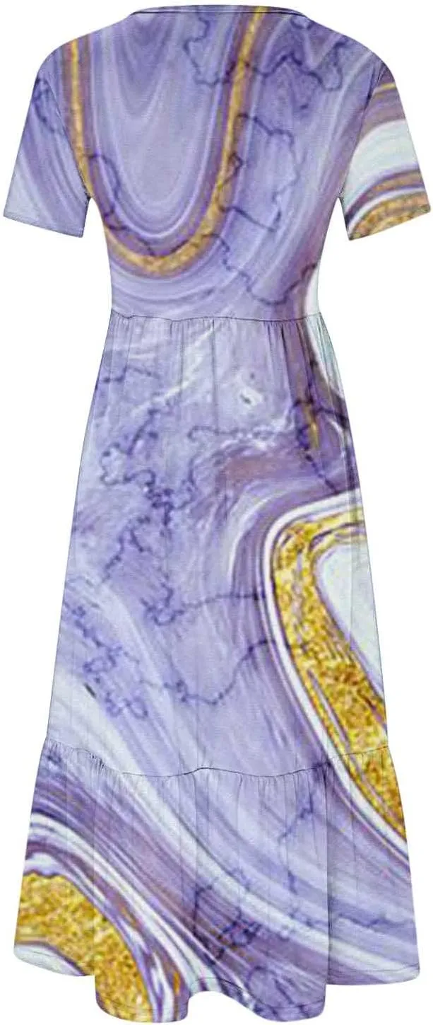 Summer Dresses Women 2024 Casual Short Sleeve Boho Flowy Sundress Crewneck Floral Tiered Maxi Dress with Pockets