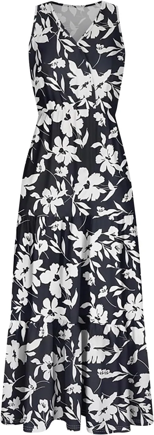 Summer Maxi Dresses for Women 2025 Casual V Neck Sleeveless Floral Long Dress Smocked Beach Wedding Guest Flowy Dresses