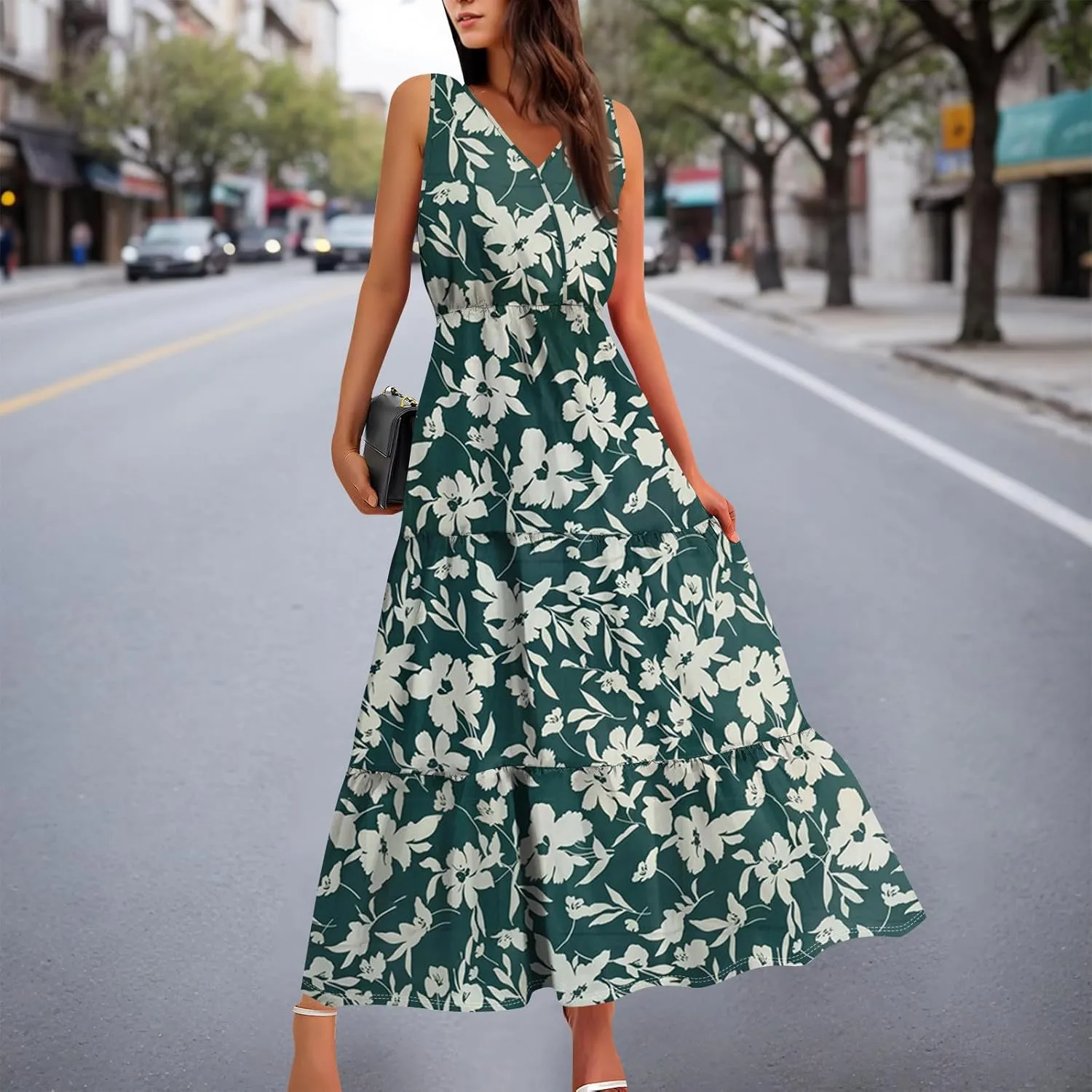 Summer Maxi Dresses for Women 2025 Casual V Neck Sleeveless Floral Long Dress Smocked Beach Wedding Guest Flowy Dresses