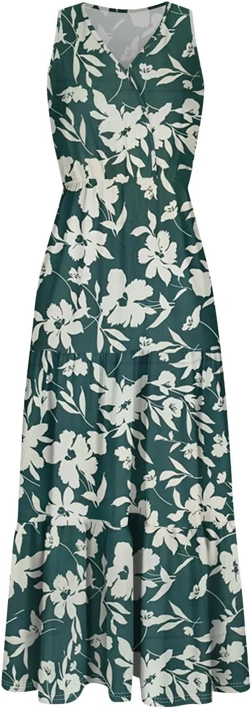 Summer Maxi Dresses for Women 2025 Casual V Neck Sleeveless Floral Long Dress Smocked Beach Wedding Guest Flowy Dresses