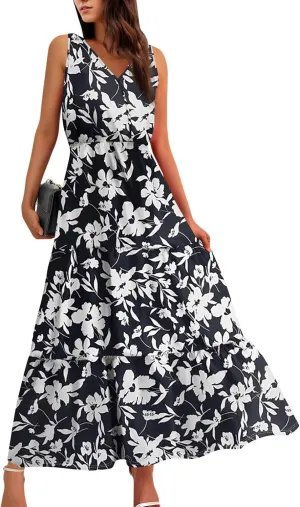 Summer Maxi Dresses for Women 2025 Casual V Neck Sleeveless Floral Long Dress Smocked Beach Wedding Guest Flowy Dresses