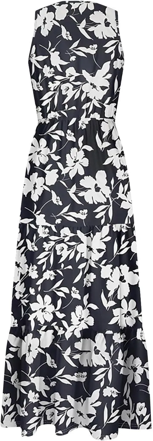 Summer Maxi Dresses for Women 2025 Casual V Neck Sleeveless Floral Long Dress Smocked Beach Wedding Guest Flowy Dresses