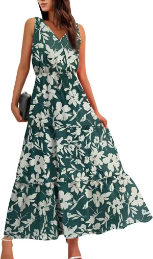 Summer Maxi Dresses for Women 2025 Casual V Neck Sleeveless Floral Long Dress Smocked Beach Wedding Guest Flowy Dresses