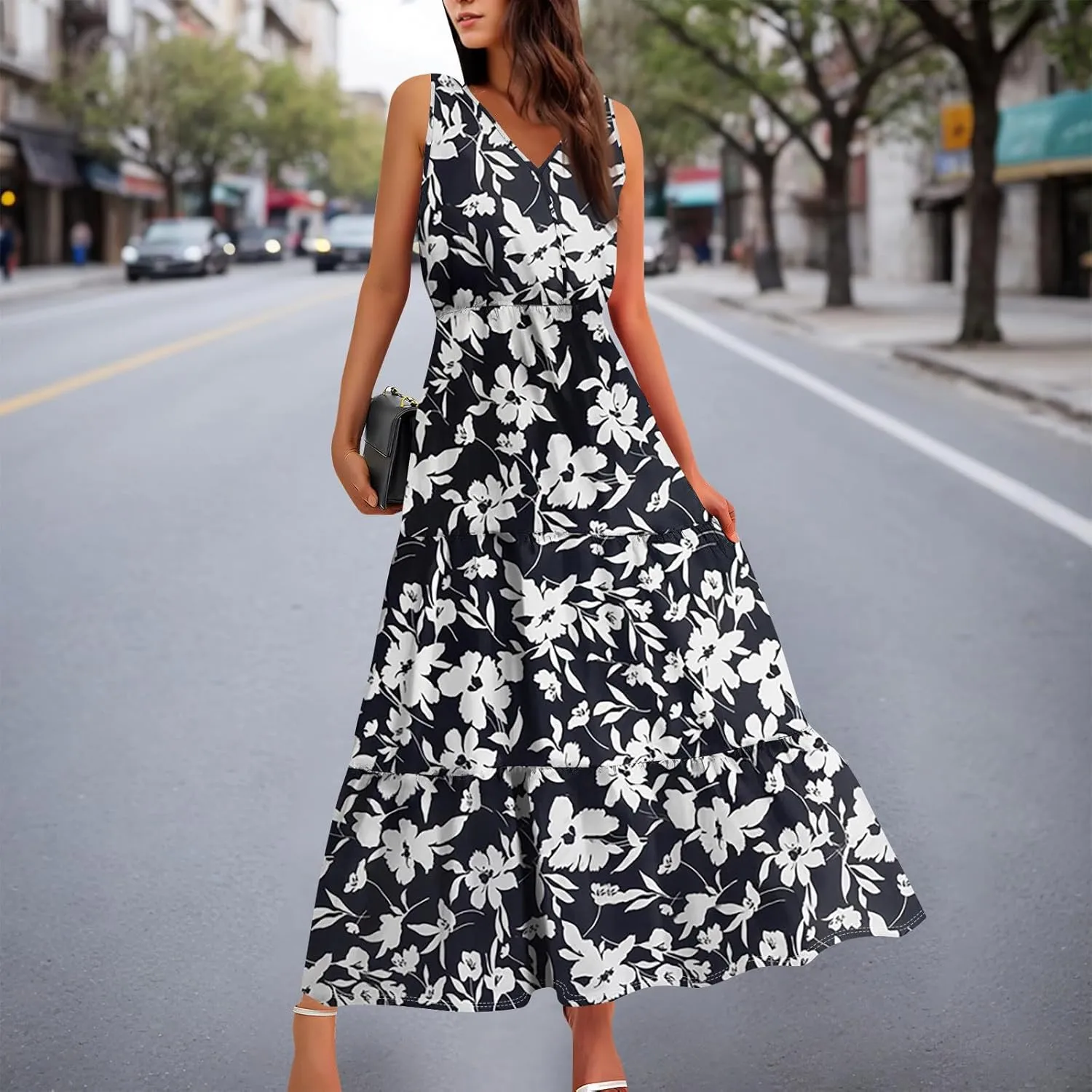 Summer Maxi Dresses for Women 2025 Casual V Neck Sleeveless Floral Long Dress Smocked Beach Wedding Guest Flowy Dresses
