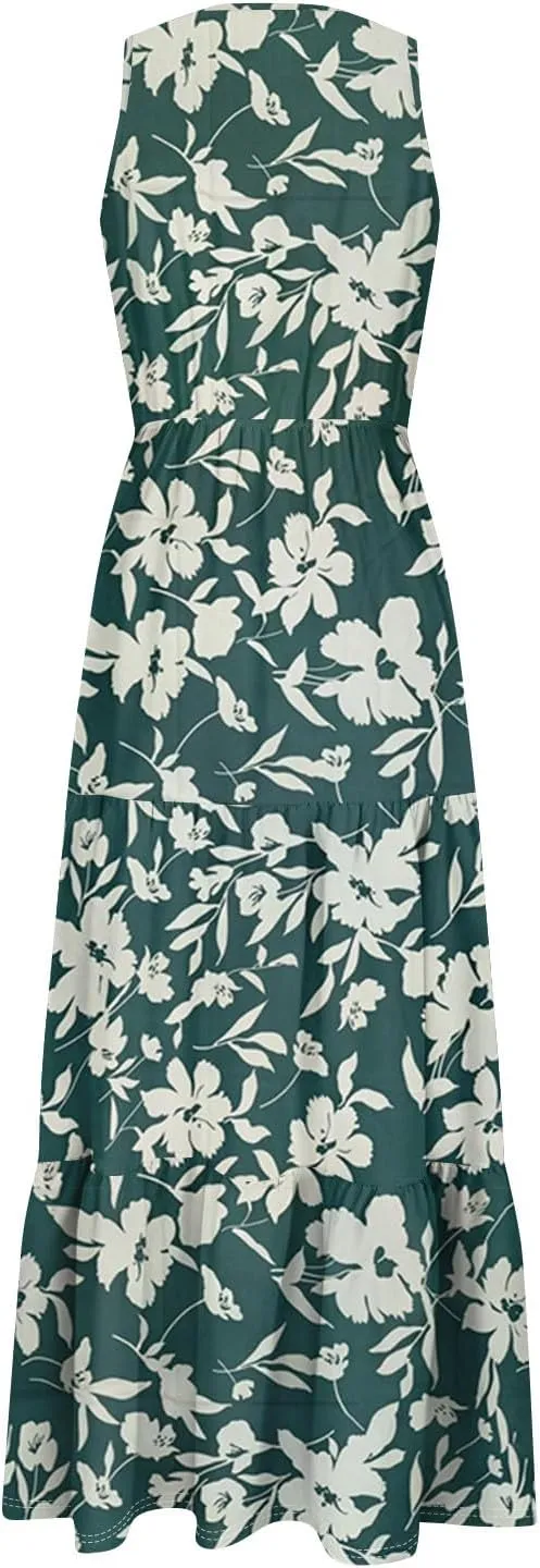 Summer Maxi Dresses for Women 2025 Casual V Neck Sleeveless Floral Long Dress Smocked Beach Wedding Guest Flowy Dresses