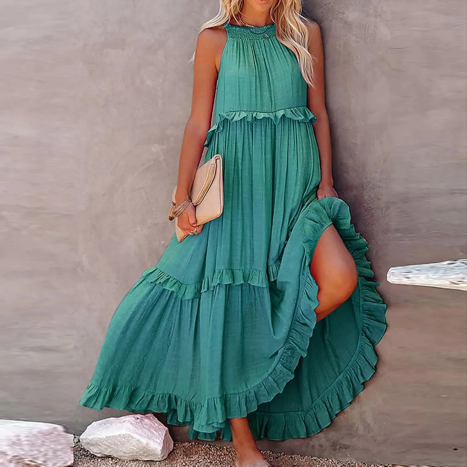 Summer Maxi Dresses for Women 2025 Elegant Flowy Tiered Ruffle Dress Casual Loose Swing Beach Vacation Clothes