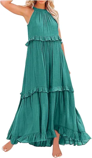 Summer Maxi Dresses for Women 2025 Elegant Flowy Tiered Ruffle Dress Casual Loose Swing Beach Vacation Clothes