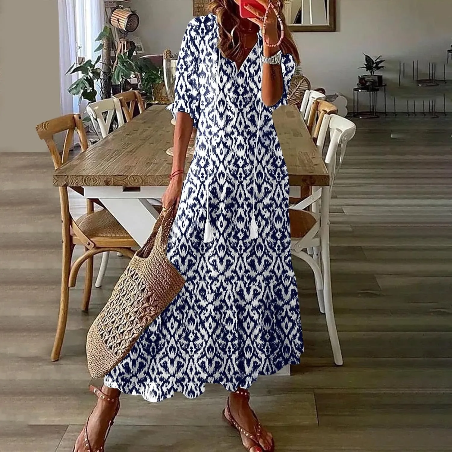 Summer Maxi Dresses for Women 2025 Vacation 3/4 Sleeve Boho Floral Long Dresses V Neck Casual Comfy Loose Dress