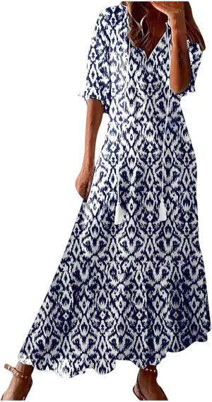Summer Maxi Dresses for Women 2025 Vacation 3/4 Sleeve Boho Floral Long Dresses V Neck Casual Comfy Loose Dress