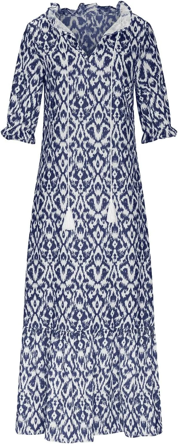 Summer Maxi Dresses for Women 2025 Vacation 3/4 Sleeve Boho Floral Long Dresses V Neck Casual Comfy Loose Dress