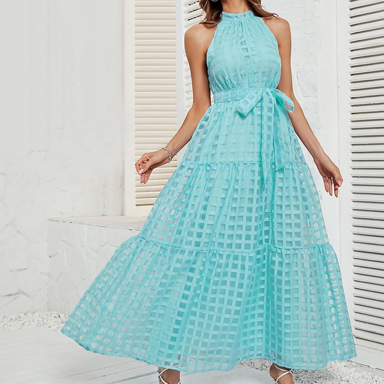 Summer Maxi Dresses for Women Sleeveless Crochet Casual Long Dress Halter Neck Smocked Tiered Ruffle Sundress