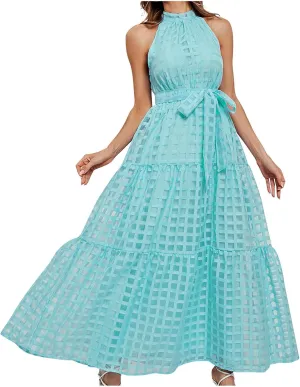 Summer Maxi Dresses for Women Sleeveless Crochet Casual Long Dress Halter Neck Smocked Tiered Ruffle Sundress