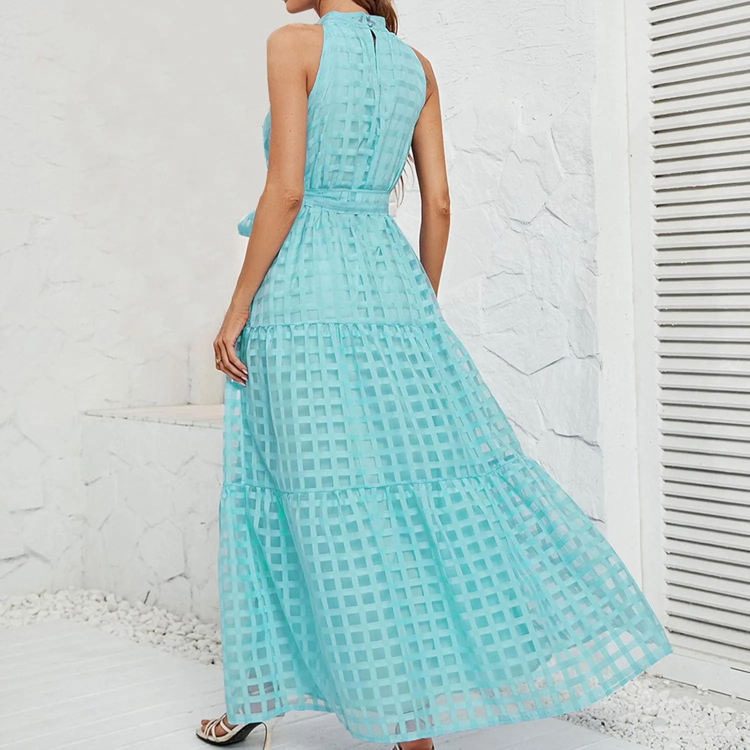 Summer Maxi Dresses for Women Sleeveless Crochet Casual Long Dress Halter Neck Smocked Tiered Ruffle Sundress