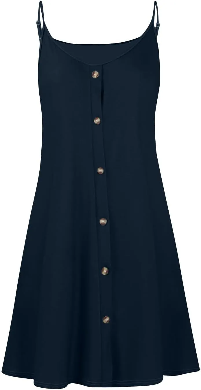 Summer Mini Dress for Women Spaghetti Strap Button Down Scoop Neck Sundress Bathing Suit Cover Ups with Pockets