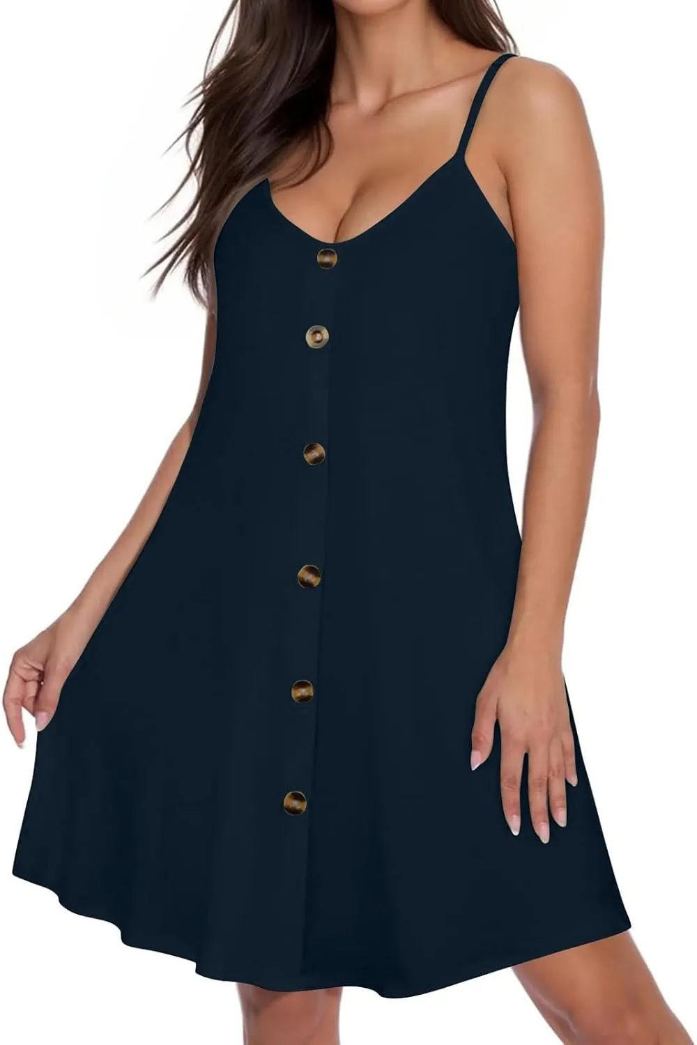 Summer Mini Dress for Women Spaghetti Strap Button Down Scoop Neck Sundress Bathing Suit Cover Ups with Pockets