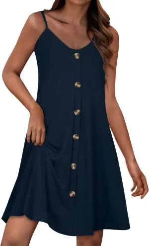 Summer Mini Dress for Women Spaghetti Strap Button Down Scoop Neck Sundress Bathing Suit Cover Ups with Pockets
