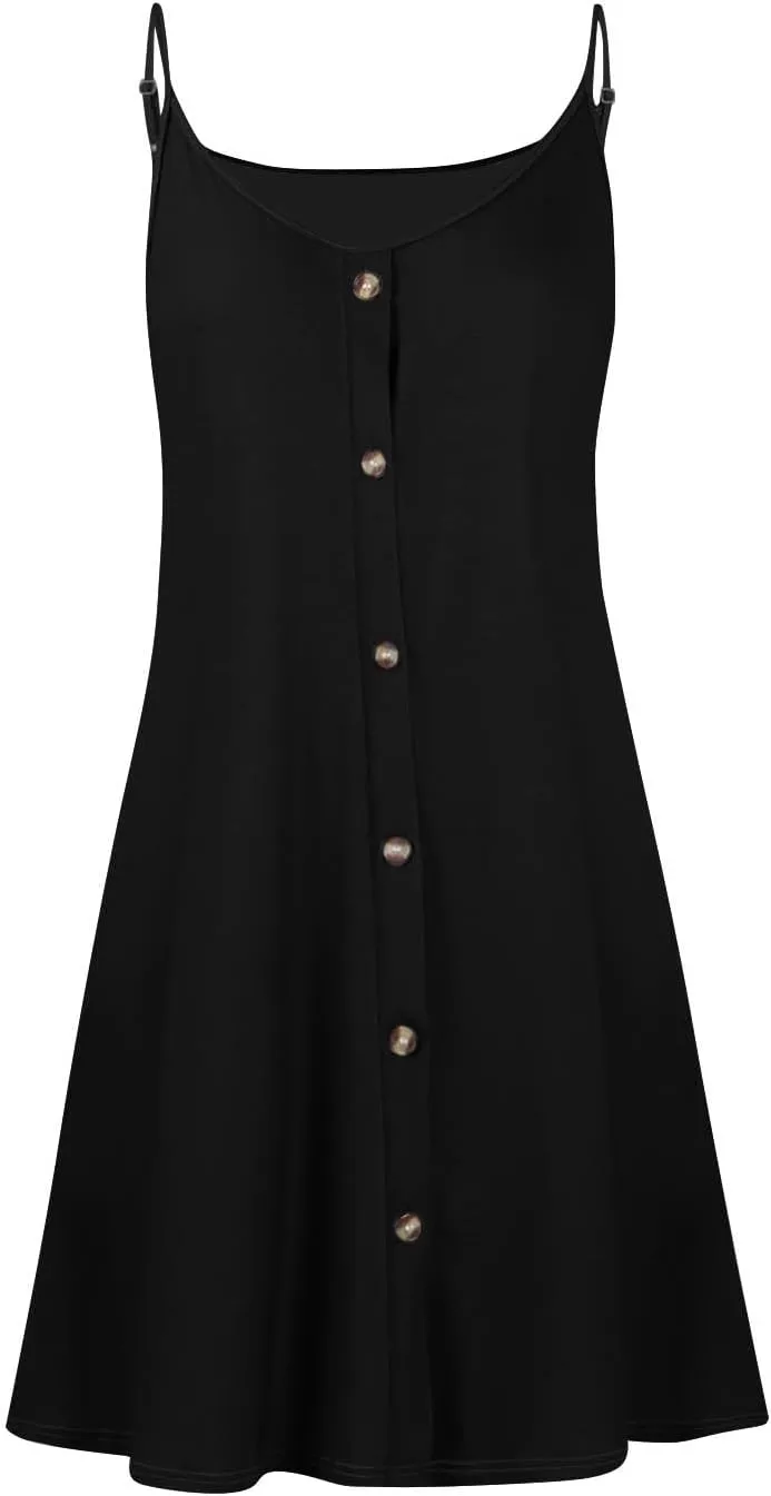 Summer Mini Dress for Women Spaghetti Strap Button Down Scoop Neck Sundress Bathing Suit Cover Ups with Pockets