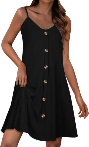 Summer Mini Dress for Women Spaghetti Strap Button Down Scoop Neck Sundress Bathing Suit Cover Ups with Pockets