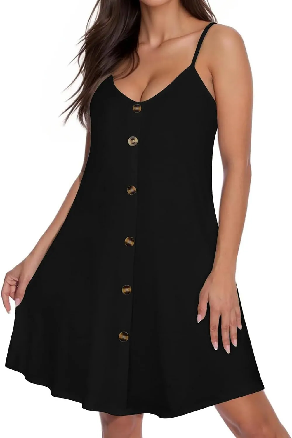Summer Mini Dress for Women Spaghetti Strap Button Down Scoop Neck Sundress Bathing Suit Cover Ups with Pockets