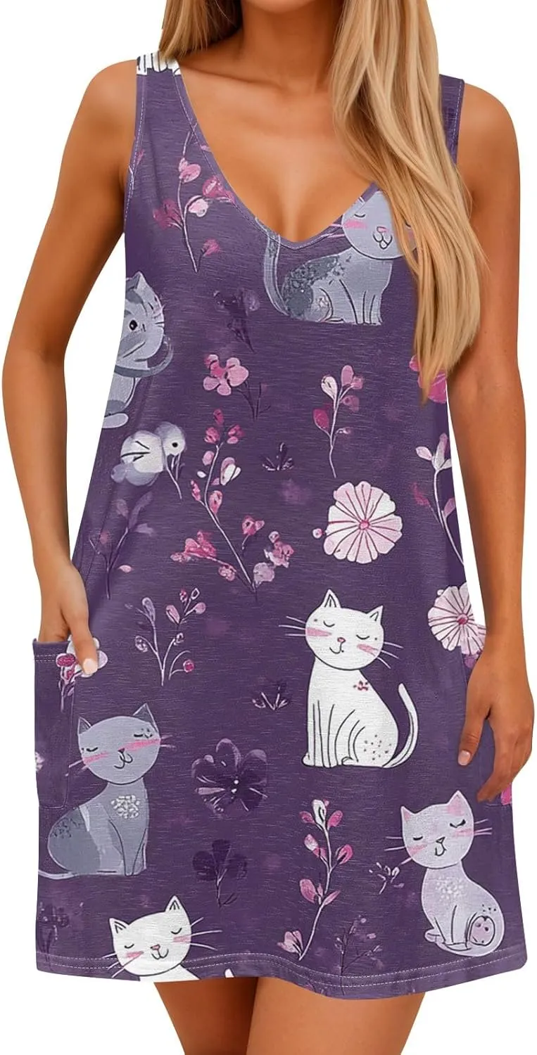Sun Dresses Women Summer Casual V Neck Sundresses Boho Tank Dress Beach Vacation Clothes with Pockets
