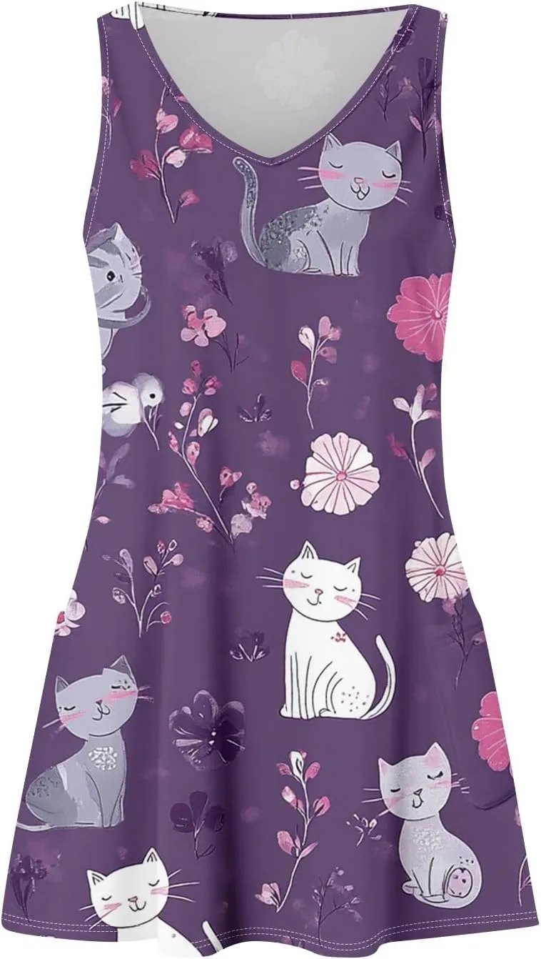 Sun Dresses Women Summer Casual V Neck Sundresses Boho Tank Dress Beach Vacation Clothes with Pockets