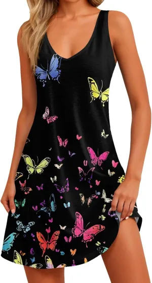 Sun Dresses Women Summer Casual V Neck Sundresses Boho Tank Dress Beach Vacation Clothes with Pockets