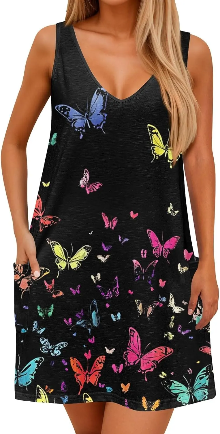 Sun Dresses Women Summer Casual V Neck Sundresses Boho Tank Dress Beach Vacation Clothes with Pockets