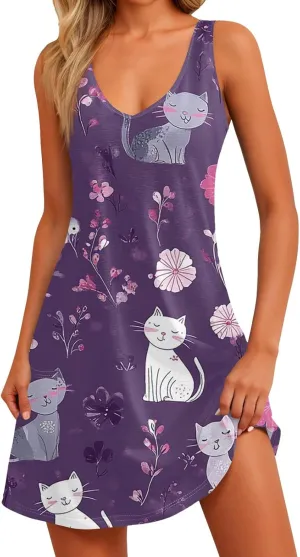 Sun Dresses Women Summer Casual V Neck Sundresses Boho Tank Dress Beach Vacation Clothes with Pockets