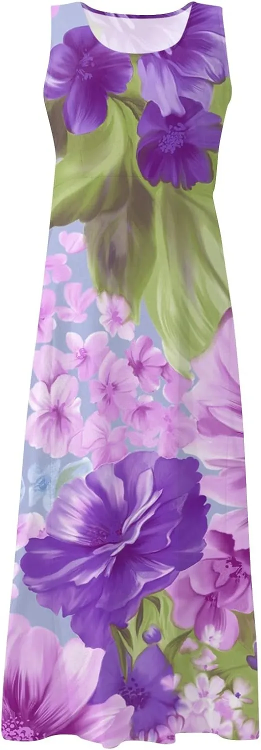 Sundress for Women 2025 Summer Sleeveless Print Dresses Flowy Casual Loose A Line Pleated Evening Dress with Pocket