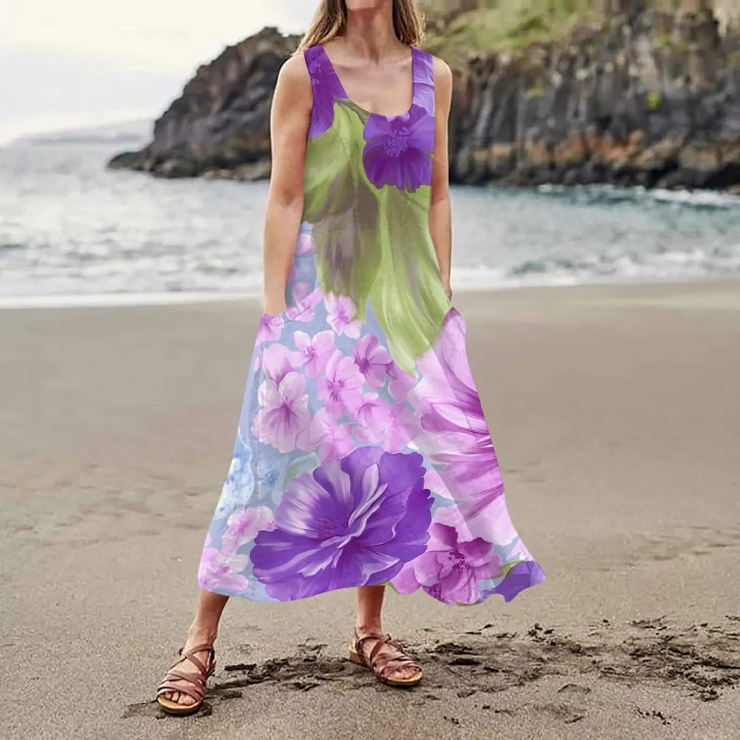 Sundress for Women 2025 Summer Sleeveless Print Dresses Flowy Casual Loose A Line Pleated Evening Dress with Pocket