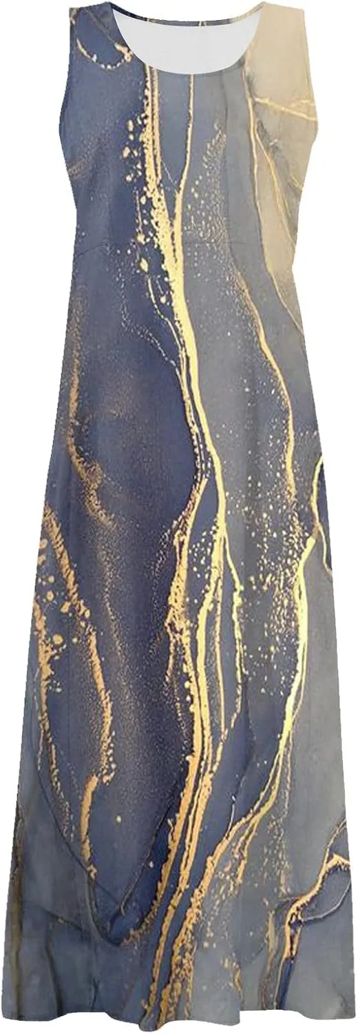 Sundress for Women 2025 Summer Sleeveless Print Dresses Flowy Casual Loose A Line Pleated Evening Dress with Pocket