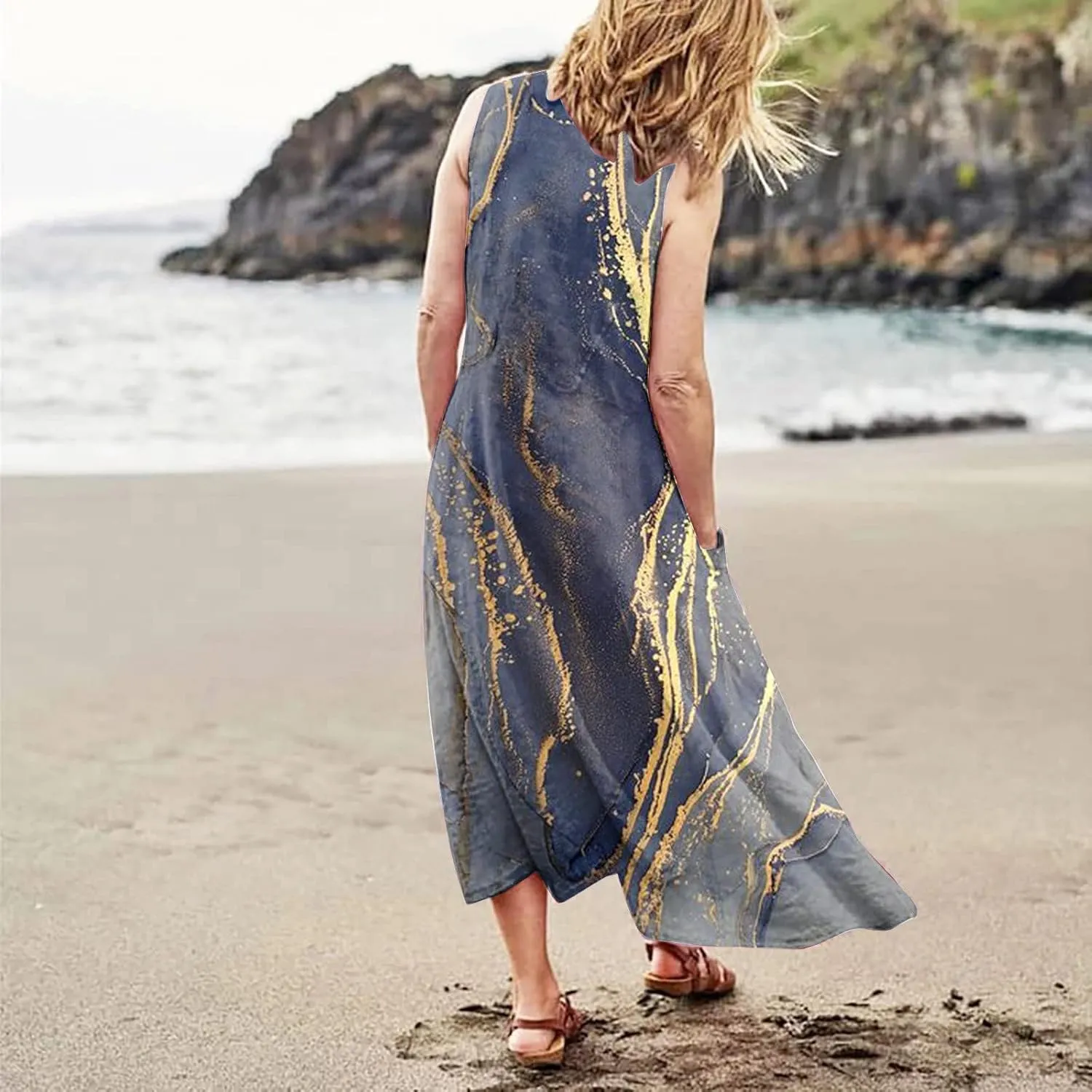 Sundress for Women 2025 Summer Sleeveless Print Dresses Flowy Casual Loose A Line Pleated Evening Dress with Pocket
