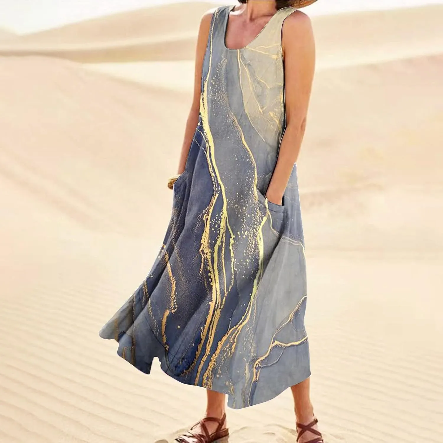Sundress for Women 2025 Summer Sleeveless Print Dresses Flowy Casual Loose A Line Pleated Evening Dress with Pocket