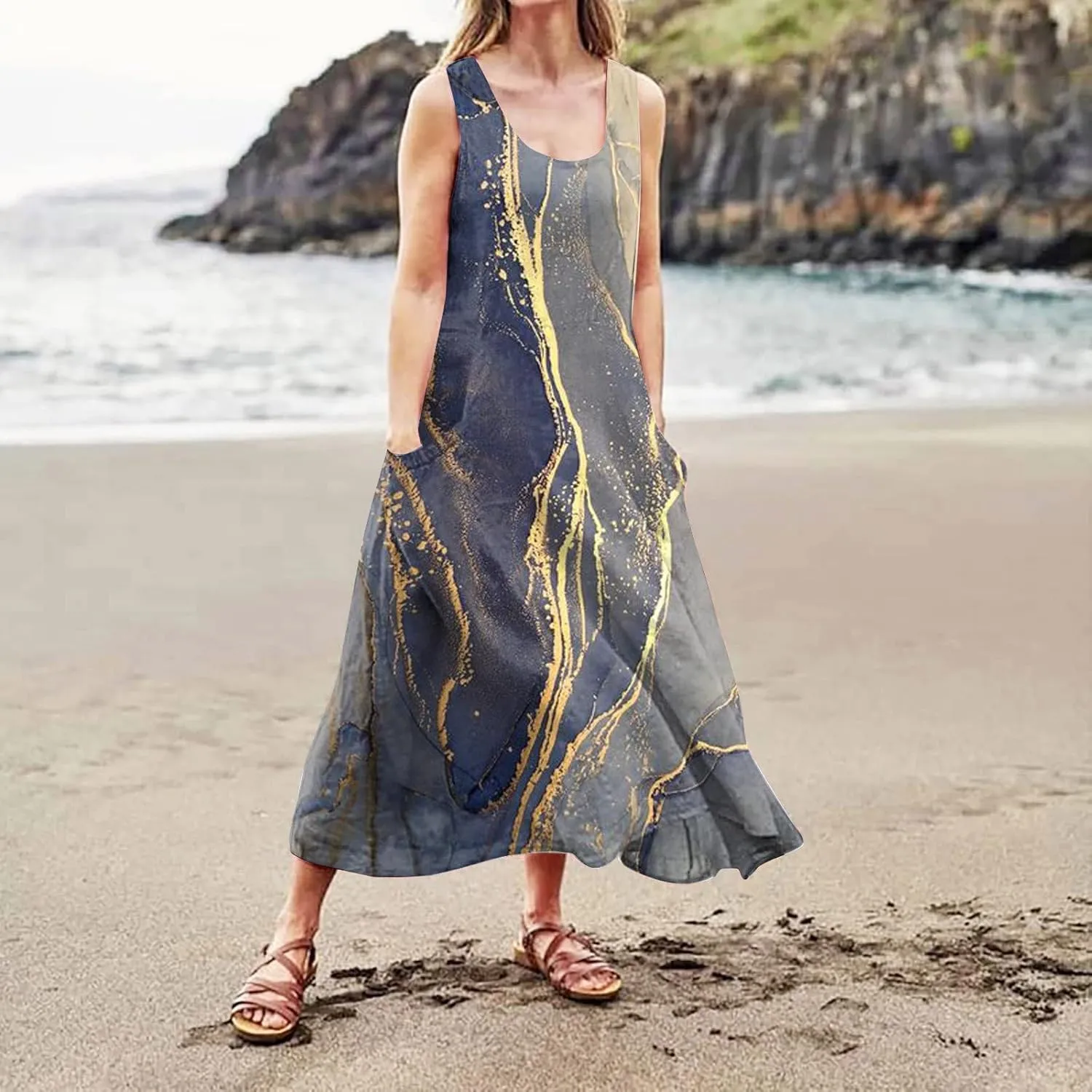Sundress for Women 2025 Summer Sleeveless Print Dresses Flowy Casual Loose A Line Pleated Evening Dress with Pocket