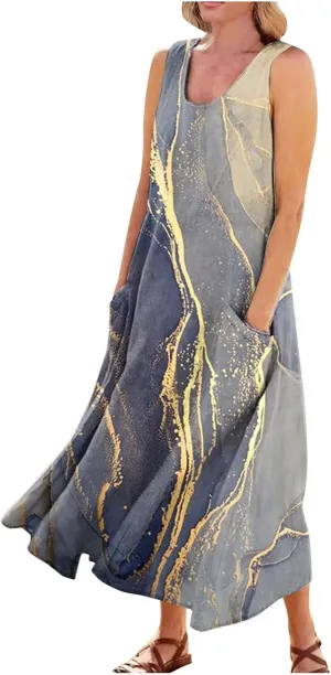Sundress for Women 2025 Summer Sleeveless Print Dresses Flowy Casual Loose A Line Pleated Evening Dress with Pocket