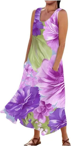 Sundress for Women 2025 Summer Sleeveless Print Dresses Flowy Casual Loose A Line Pleated Evening Dress with Pocket