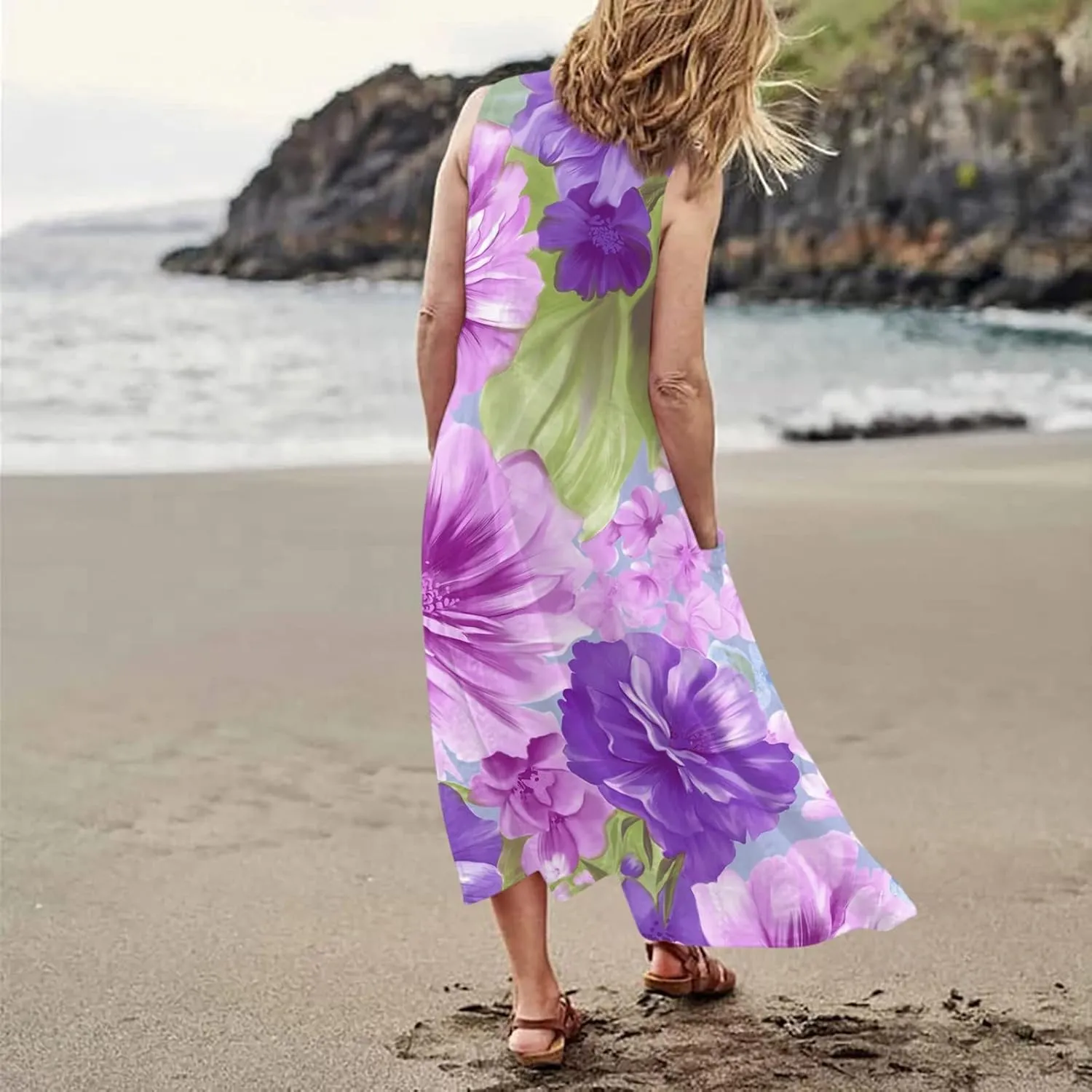 Sundress for Women 2025 Summer Sleeveless Print Dresses Flowy Casual Loose A Line Pleated Evening Dress with Pocket