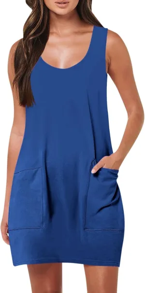 Sundresses for Women 2024 Sleeveless Solid Color Front Pocket Tank Dresses 2024 Summer Boho Beach Mini Dresses