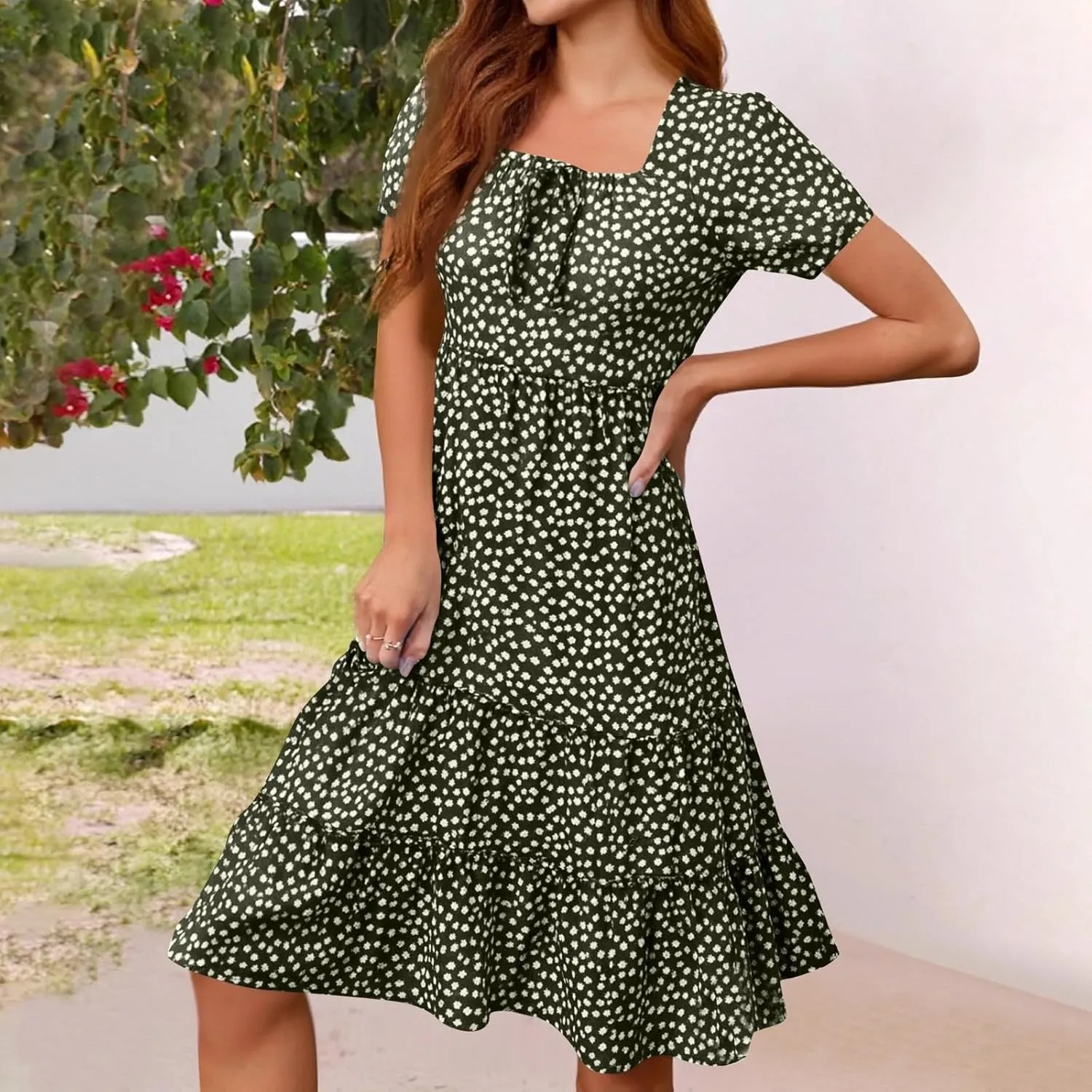 Sundresses for Women 2025 Casual Loose Trendy Short Sleeve Square Neck Floral Print Boho Beach Vacation Dress, S-2XL