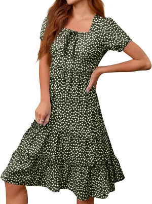 Sundresses for Women 2025 Casual Loose Trendy Short Sleeve Square Neck Floral Print Boho Beach Vacation Dress, S-2XL