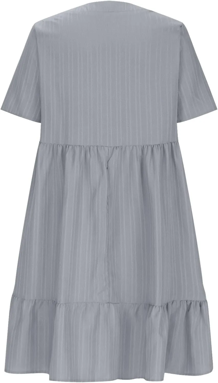 Sundresses for Women 2025 Short Sleeve Elegant Mini Dress Pleated Summer Casual Dresses Flowy V Neck Beach Dress