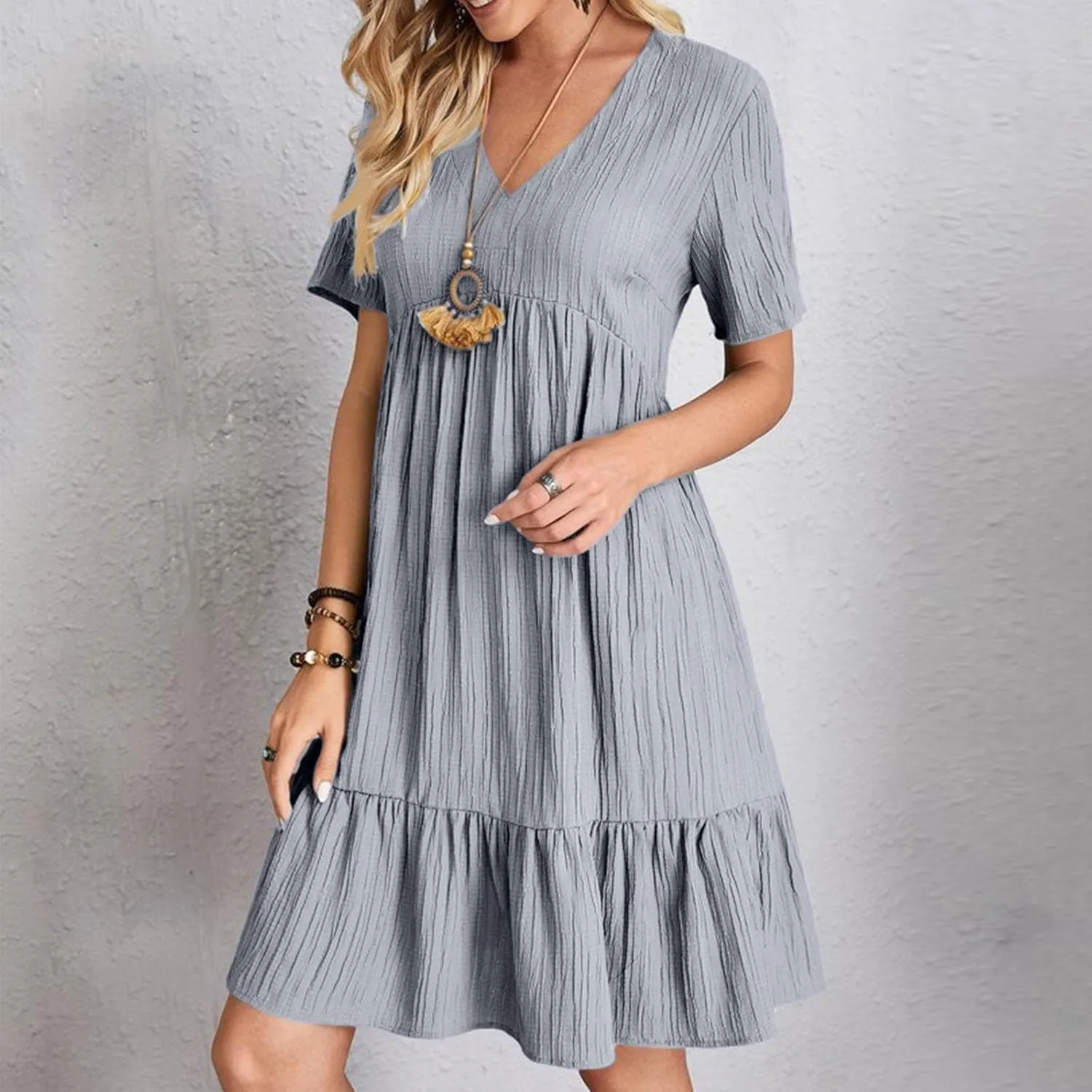 Sundresses for Women 2025 Short Sleeve Elegant Mini Dress Pleated Summer Casual Dresses Flowy V Neck Beach Dress