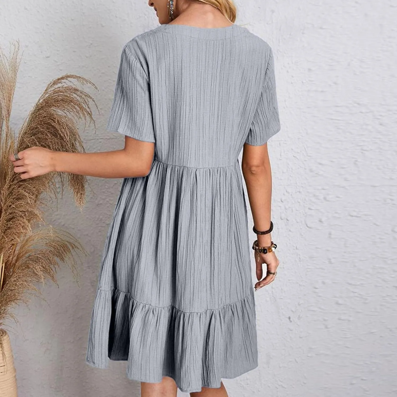 Sundresses for Women 2025 Short Sleeve Elegant Mini Dress Pleated Summer Casual Dresses Flowy V Neck Beach Dress