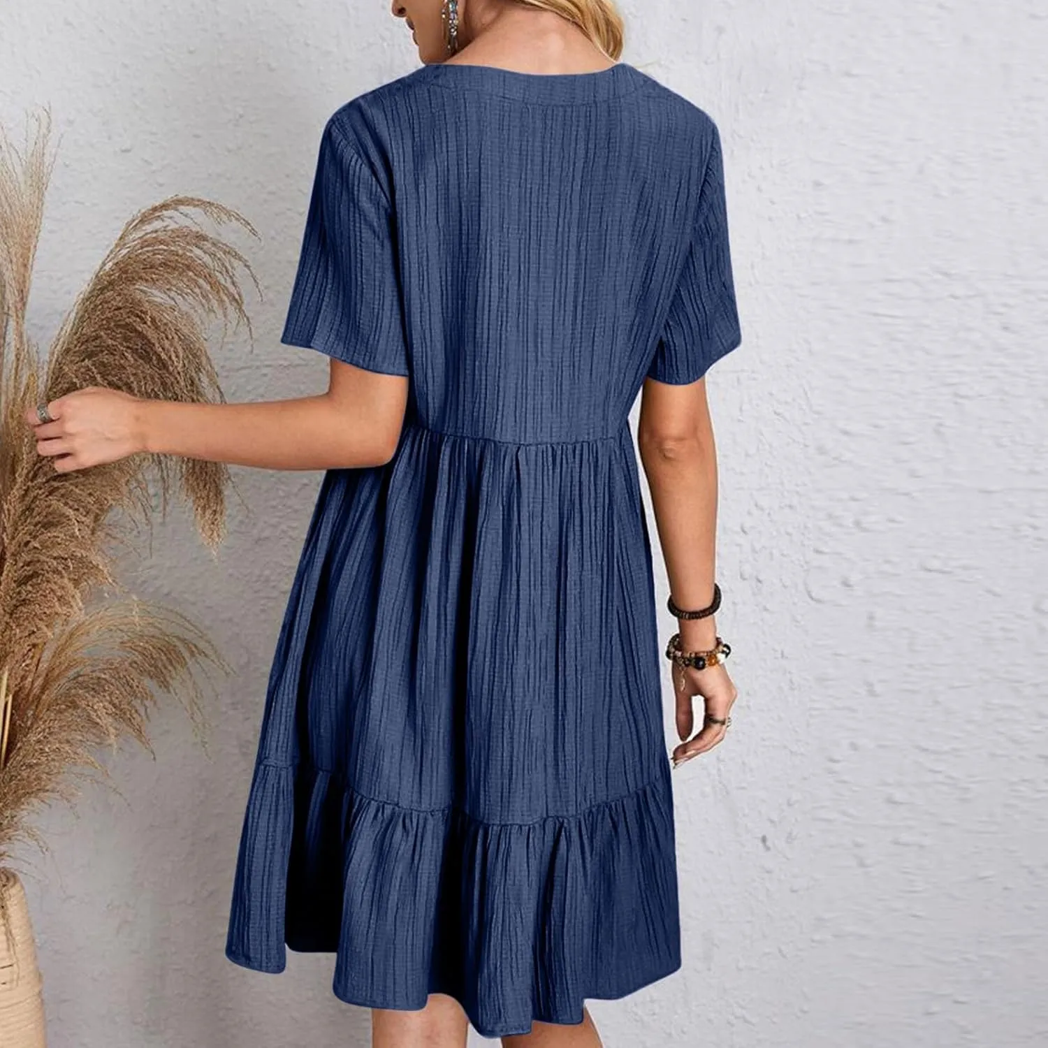 Sundresses for Women 2025 Short Sleeve Elegant Mini Dress Pleated Summer Casual Dresses Flowy V Neck Beach Dress