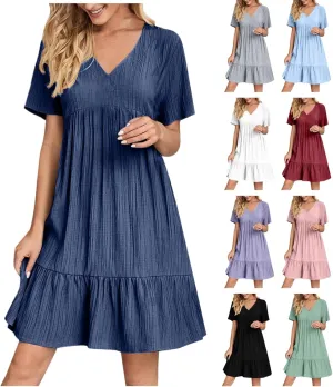 Sundresses for Women 2025 Short Sleeve Elegant Mini Dress Pleated Summer Casual Dresses Flowy V Neck Beach Dress