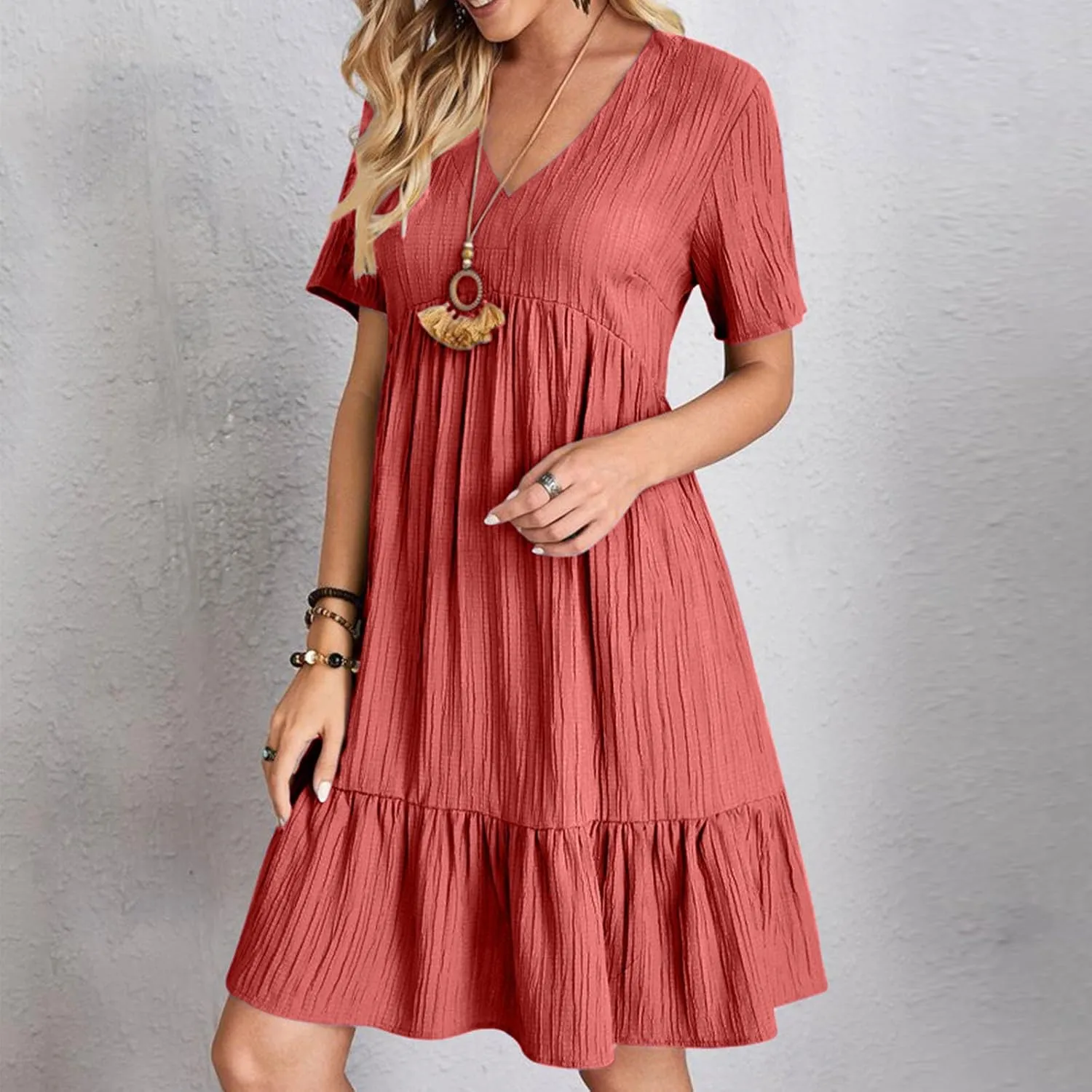 Sundresses for Women 2025 Short Sleeve Elegant Mini Dress Pleated Summer Casual Dresses Flowy V Neck Beach Dress