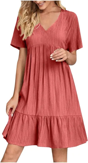 Sundresses for Women 2025 Short Sleeve Elegant Mini Dress Pleated Summer Casual Dresses Flowy V Neck Beach Dress