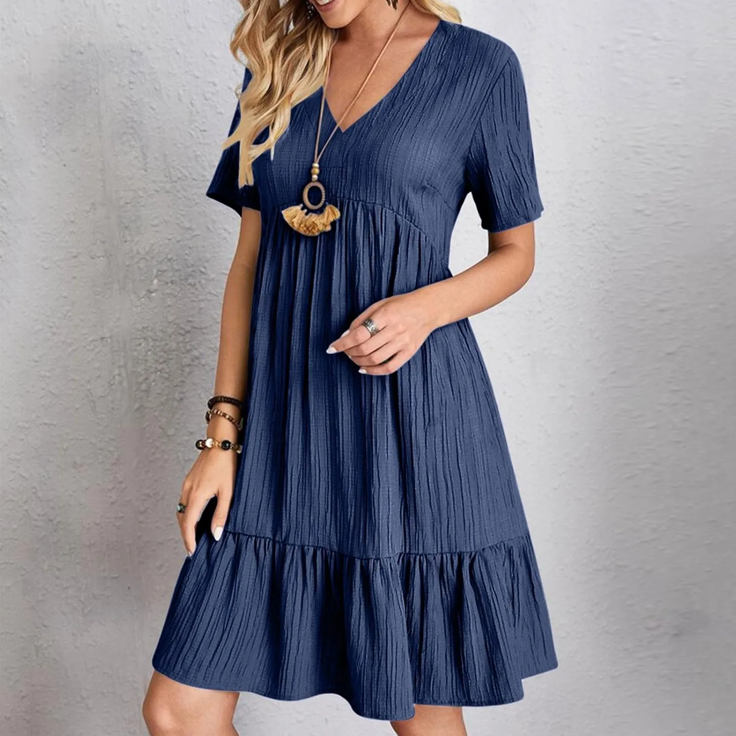 Sundresses for Women 2025 Short Sleeve Elegant Mini Dress Pleated Summer Casual Dresses Flowy V Neck Beach Dress