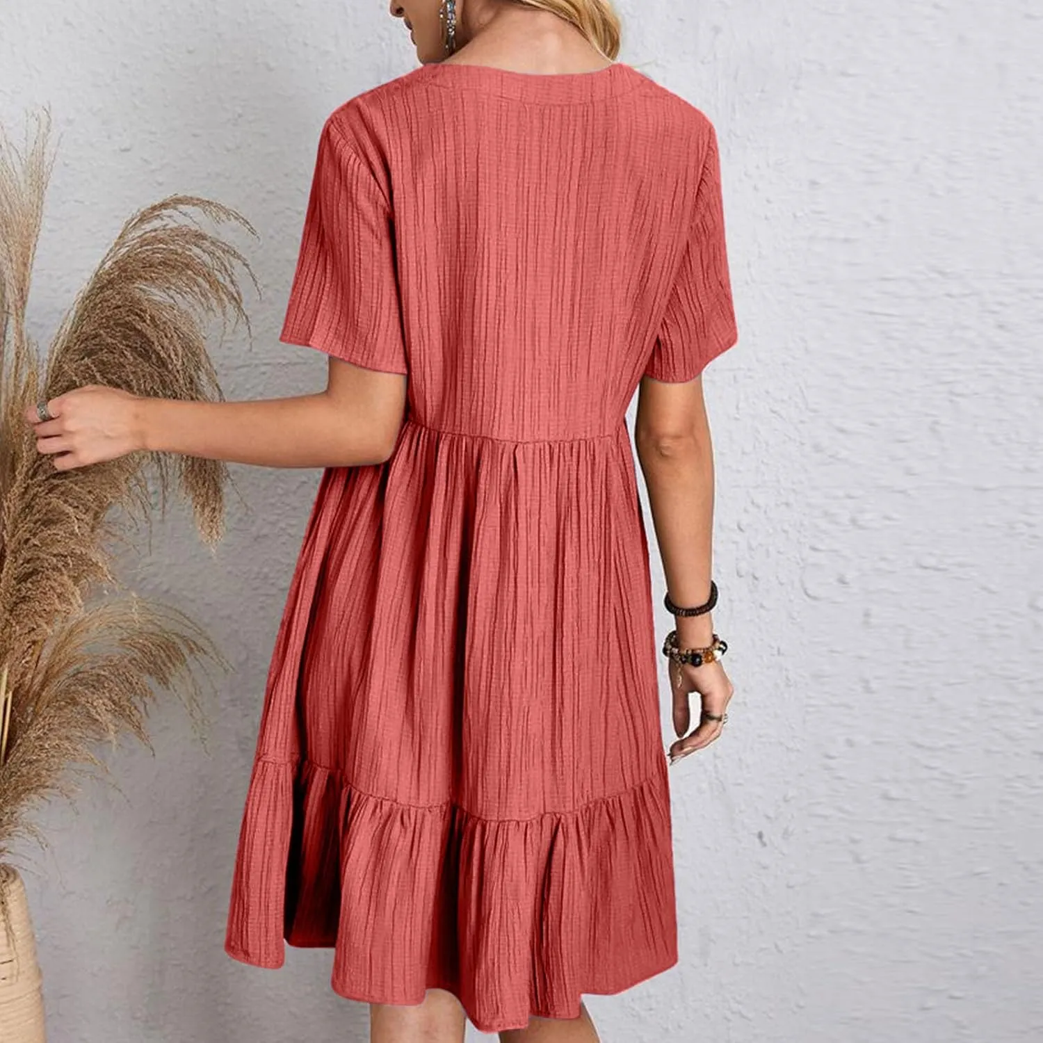 Sundresses for Women 2025 Short Sleeve Elegant Mini Dress Pleated Summer Casual Dresses Flowy V Neck Beach Dress