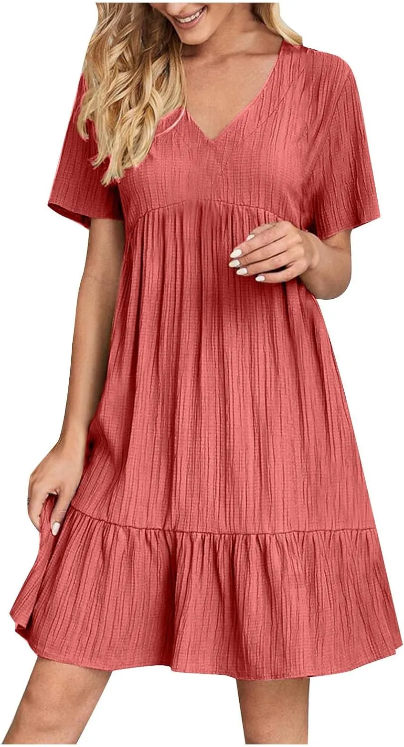 Sundresses for Women 2025 Short Sleeve Elegant Mini Dress Pleated Summer Casual Dresses Flowy V Neck Beach Dress